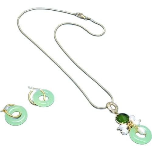 GG Jewelry Natural White Rice Pearl Green Jades Circle Chain Pendant Necklace Earrings Sets Handmade For Women