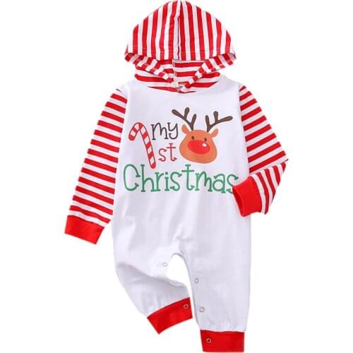 Newborn Baby Boys Girls Clothes Christmas Letter Print Striped Romper Autumn Hooded Jumpsuit 6 9 12 18 Months ropa navideña