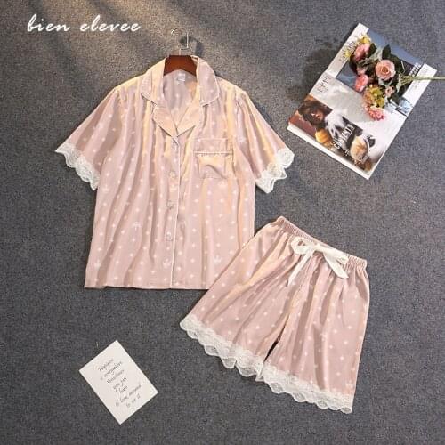 Lace Sleepwear Pajamas-Pants Satin Silk Nightwear Lingerie Summer Sexy V-Neck Sleeping Night-Suit Short-Sleeve Femme 2-Pieces