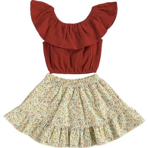 Citgeett Summer 2-7Years Kid Toddler Girls Outfits Sleeveless Solid Color Ruffle Crop Tops + Floral Skirt Clothes Set