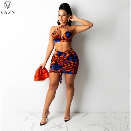 VAZN 2021 Summer Beach Dress Set Sexy Young Drawstring Halter Off Shoulder Top Mini Skirts High Waist Skinny Women 2 Piece Set