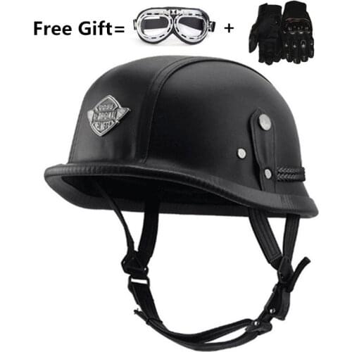 Motorcycle Motorbike Rider Half PU Leather Retro Helmet Visor With Collar Open Face Motor with dark lens DOT Approved M LXL