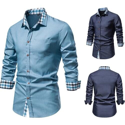 2021 Autumn New Mens Casual Formal Shirt Button Up Shirt Long Sleeve Denim Work Shirt
