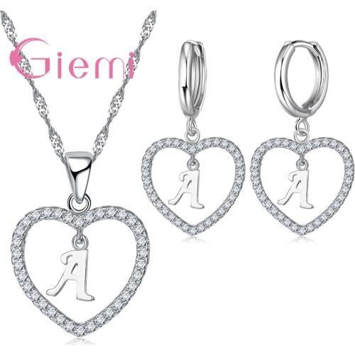 100% Ture Love Women Heart Jewelry Necklace Earrings Sets for Wedding & Bridal 925 Sterling Silver Letter Bijoux Set