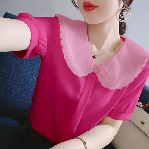 Short sleeve chiffon blouse female doll brought new summer 2021 han edition brim minus age female shirts