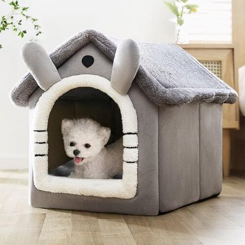 Warm House Grey Kennel Cat Tent Sleeping Cave Bed Dog Bed Self-Warming Cushion 2 In 1 Foldable Nest for Indoor Cats Kitten Puppy