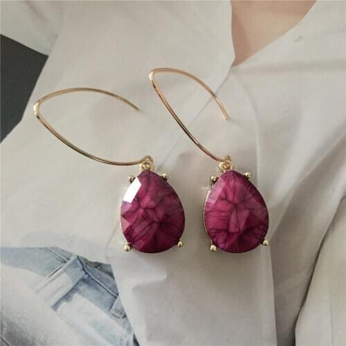 Gorgeous Marble Burgundy Waterdrop Stone Big Hook Drop Earrings For Women Dinner Party Statement Bohemia Casual Accessory