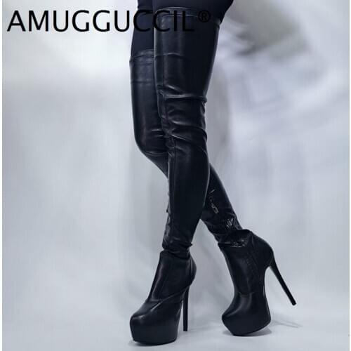 2020 New Plus Big Size 36-43 Black Zip Sexy Thigh High Heel Platform Over The Knee Female Winter Female Lady Women Boot X2056