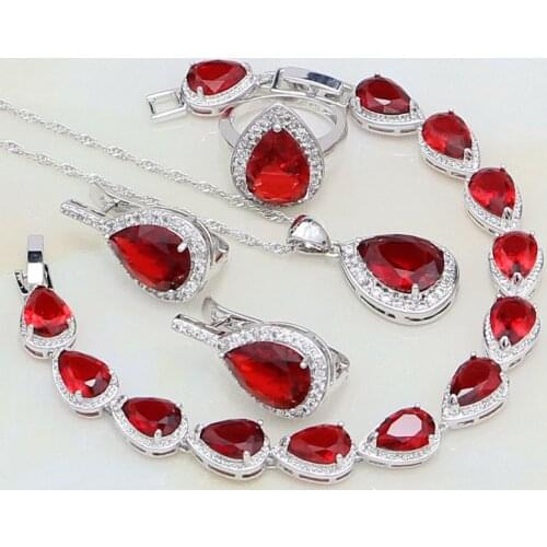 925 Sterling Silver Jewelry Red Garnet White CZ Bridal Jewelry Sets For Women Stud Earrings/Pendant/Necklace/Bracelet/Ring