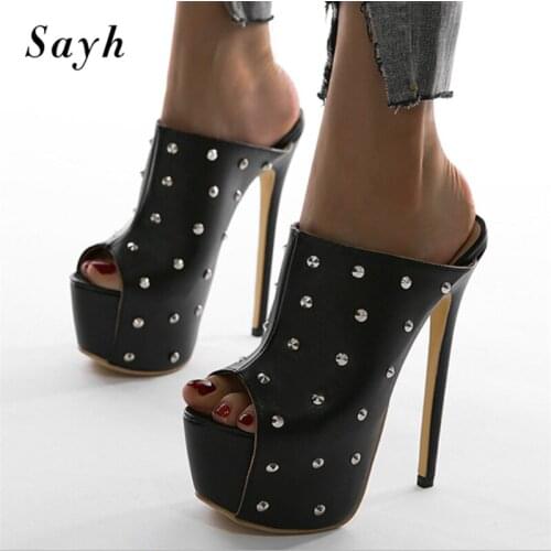 Women Punk Rivet Platform Open Toe Pumps Sandals 16cm Super High Heel Stilettos Leather Shoes Clubwear Dress Shoes