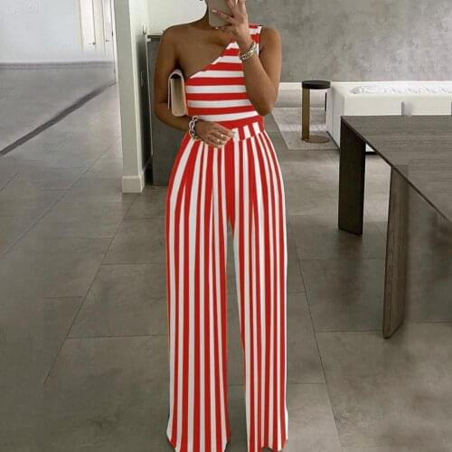 New Fashion Summer Women Jumpsuit Vertical Stripes Print Single Shoulder Summer Slash Neck Wide Leg Jumpsuit for Daily Wear