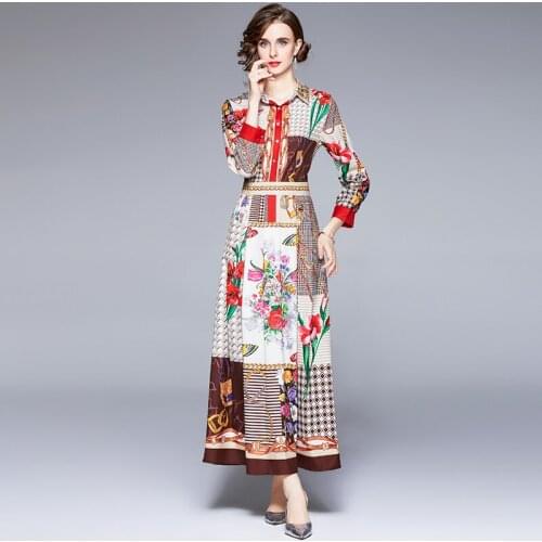Runway Designer Floral Printted Maxi Dresses 2021 Autumn New Womens Long Sleeve Charming Vintage Print Casual Party Dresses