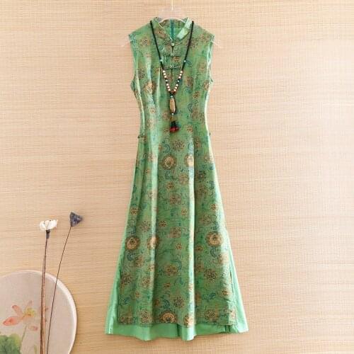High-end Summer 2020 Women Print Ramie Cheongsam Dress Chinese Style A-line Slim Elgant Lady Floral Party Qiao Dress S-XXL