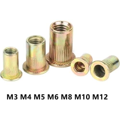10/20PCS M3 M4 M5 M6 M8 M10 M12 Zinc Plated Carbon Steel Knurled Nuts Rivet Nut Flat Head Threaded Rivet Insert Nutsert Cap