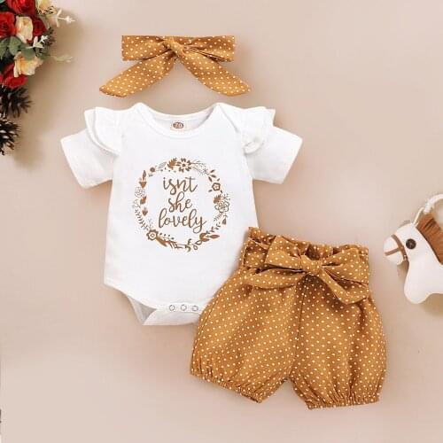 3M-18M) Baby Set Summer Frill Short Sleeve Letter Printed Romper Garment + Polka Dot Shorts + Headband Set детская одежда 50