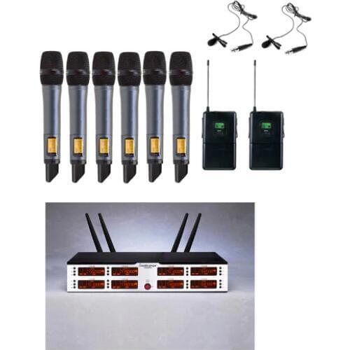 6 handheld+2 Lavaliere Mic UHF 8 Channels True diversity Wireless Microphone System for Churches Stage Performance