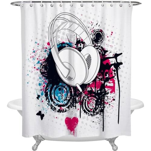 White Headphones Music Art Bathroom Shower Curtain Polyester Fabric Waterproof Shower Curtains with Hooks