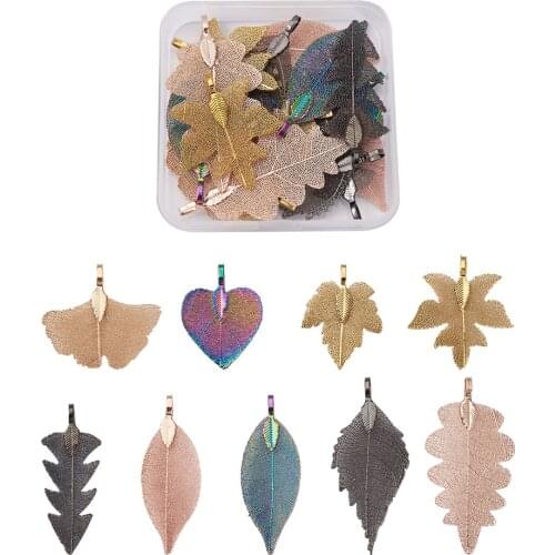 1 Box Electroplated Natural Leaf Big Pendants with Iron Findings Mixed Color Charms for DIY Jewelry Making Earrings Necklaces
