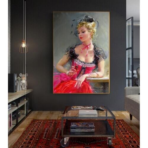 Holover Canvas Oil painting Konstantin Razumov"Fashionable lady holding red wine"Realism Aesthetic Poster Wall Home Decoration