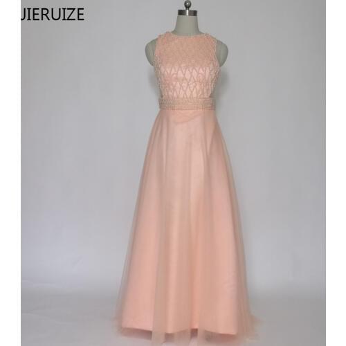 JIERUIZE Champagne Pearls Luxury Long Evening Dresses Sheer Back Formal Dresses Dubai Arabic Dress vestido de noche