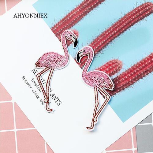 AHYONNIEX Pink Flamingo Sequins Cute Bird Patch Clothes DIY Iron On Patches for Clothing T-shirt Dress Sew On Applique