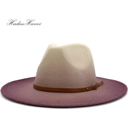 European American New Fashion Spray-painted Jazz Panama Woolen Felt Fedora Hat with Wide Brim Leather Belt Church Hat