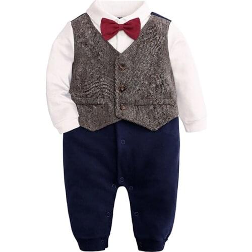 2020 Baby Clothes Boys Spring New Year Old Dress Plaid Bow Tie Shirt Gentleman Baby One-piece Romper