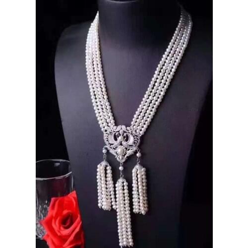 Hand knotted necklace 4rows 5-6mm white freshwater pearl micro inlay zircon phoenix accessory 48-55cm fashion jewelry