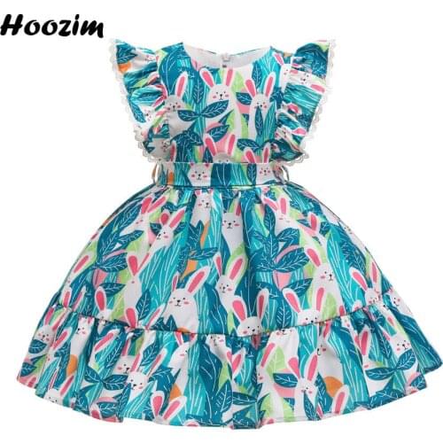 Beauty Print Rabbit Ruffle Armhole Elegant Birthday Party And Gala Dress Girls 3 To 10 Years European Cartoon Dresses Children