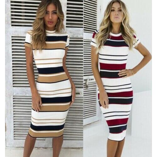 Sexy Women Summer Stripe Dress Sleeveless Bodycon Casual Lady Party Evening Knee Length Basic Dress