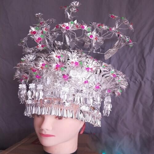 Silver cap phoenix crown Cosplay headgear Ethnic silver jewelry Miao nationality headdress