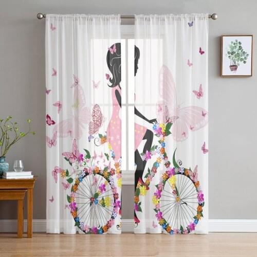 Butterfly Girl Bicycle Flower Pink White Curtains Tulle For Living Room Bedroom Kitchen Chiffon Sheer Window Treatment Decor