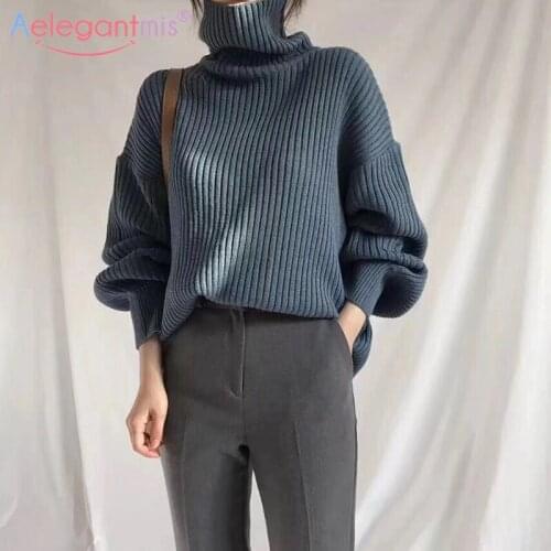 Aelegantmis Turtleneck Knitted Sweater Women Thick Ribbed Casual Loose Pullovers Vintage Warm Soft Solid Jumpers Female Korean