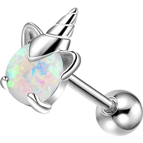 Body Punk 16g Cute Unicorn Cartilage Earring Opal Center Helix Stud Conch Rings Tragus Piercing