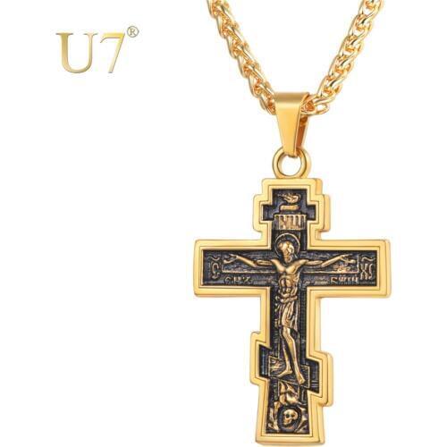 U7 Brand Christian Orthodox Crucifix Jesus Russian Cross Prayer Big Pendant Stainless Steel Silver/Gold Color Men Women Jewelry