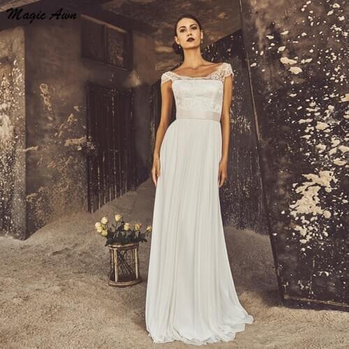 Magic Awn Vintage Lace Chiffon Wedding Dresses Open Back Boho Appliques Beach Mariage Gowns With Train Abito Da Sposa