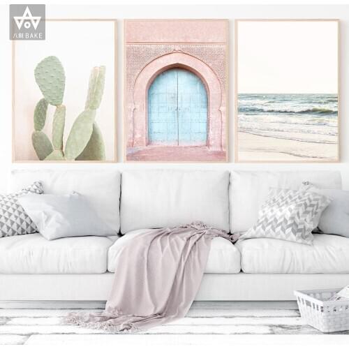 Vintage Pink Rug Art Prints Boho Wall Decor Eclectic Poster Ancient Gate Morocco Door Art Catus Canvas Painting Artwork Pictures