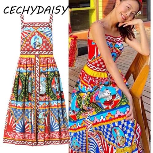 2021 Autumn Winter Runway Dress Women Designer Single Breasted Spaghetti Strap Buttons Baroque Floral Printed Midi Dresses Mujer