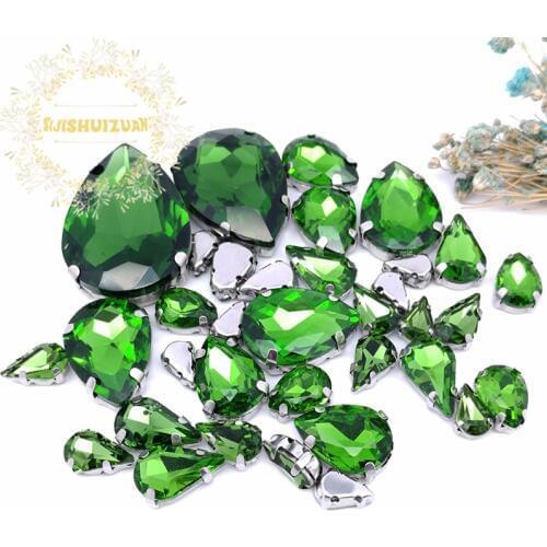 8 SIZES 35PCS Free shipping! Emerald Water drop shape Glass Crystal sew on rhinestones with calw Diy wedding decoration