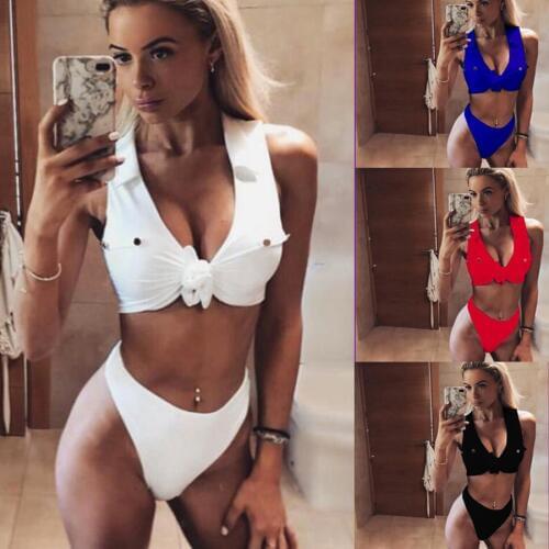 BINAND Solid Knotted Push Up Bikini Women Rivet Middle Waist Swimsuits Sexy Bathers Female Free Wire Padded Beach Two Pieces
