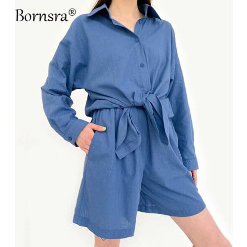 Bornsra 2021 Summer Cotton Linen Womens Shirt Long-sleeved Two-piece Temperament Pleated Wide-leg Pants Casual Fashion Suit