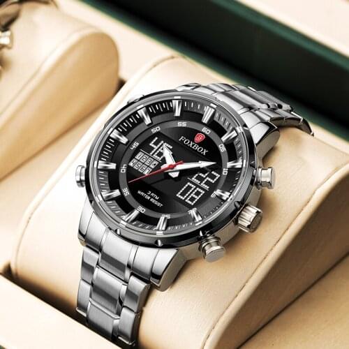 Men Watch FOXBOX Top Luxury Brand Dual Display Sports Watches For Mens Alarm Clock Quartz Wristwatch Gift Male Relogio Masculino