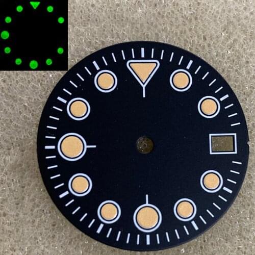 Watch Parts 28.5mm Watch Black Dial Green Luminous Marks Date Window Watch Dial Fit Japan NH35/ NH36 Automatic Movement