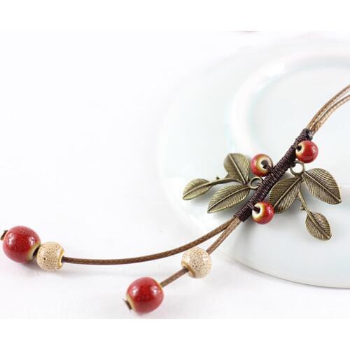 Ceramic Red Round Beads Charm Necklace Flower Long Tassel Pendants Choker Women Sweater Jewelry Copper Retro Fashion Accessories