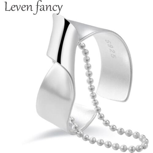 925 Sterling Silver Twisted Eternity Band Stackable Rings with Ball Bead Chain Tassel Rings Adjustable Open Design