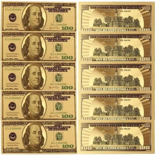 10pcs/lot USA 100 Dollar Gold Foiled Platsic Banknote Bill Fake Money United States OF America Replica Coin Souvenirs Drop Ship