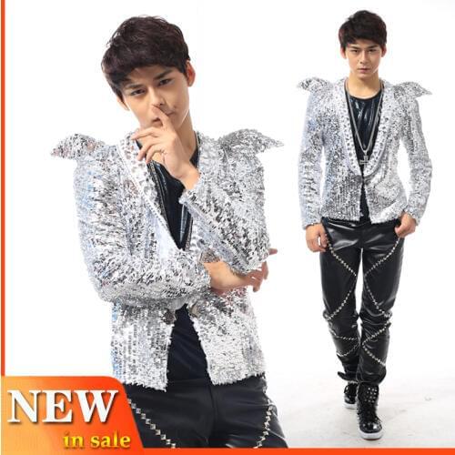 Nightclub Stage Male Singer Performance Costume Sequin Jacket MenS Shrug Suit Star Fashion Silver Sequin Costume GoGo BL2220