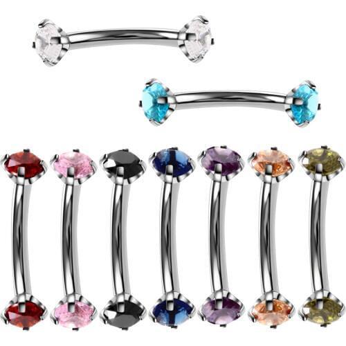 9Pcs/lot Steel 16G Internally Threaded Eyebrow Rings Colorful Crystal Prong Set Double Gems Curved Barbell Piercing Body Jewelry
