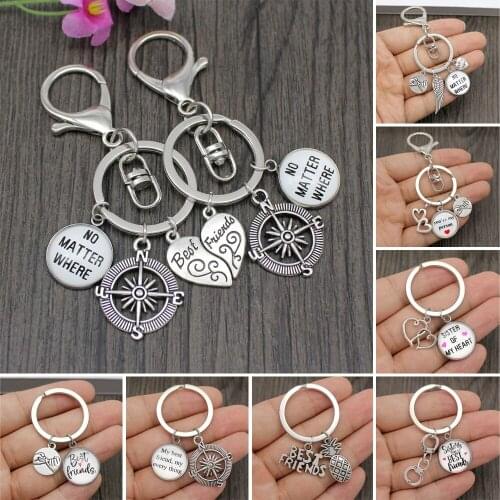 No Matter Where Best Friends Compass Love Heart Wings Keychain Keyring Sister of My Heart Pinky Swear Key Chain Key Ring