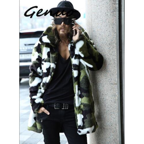 2019 New Fashion Mens Faux Fur Coat Camouflage Warm Rabbit Warm Jacket Mens Winter Leather Jackets Lapel Outdoors Windbreaker